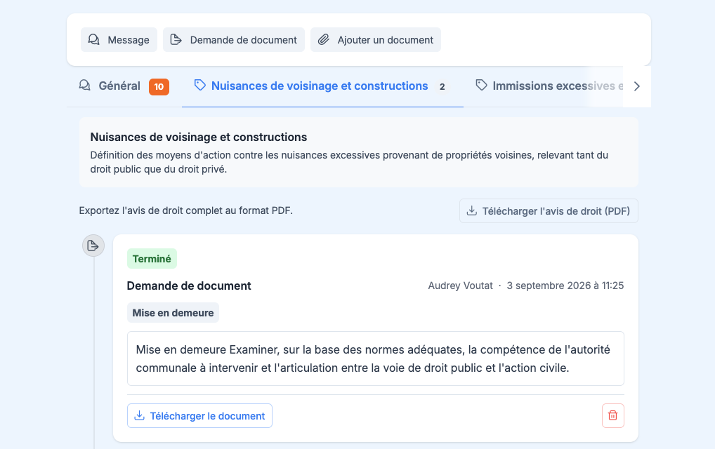 Aperçu de la plateforme : un dossier communal avec son historique d’étapes et l’avis de droit exportable en PDF
